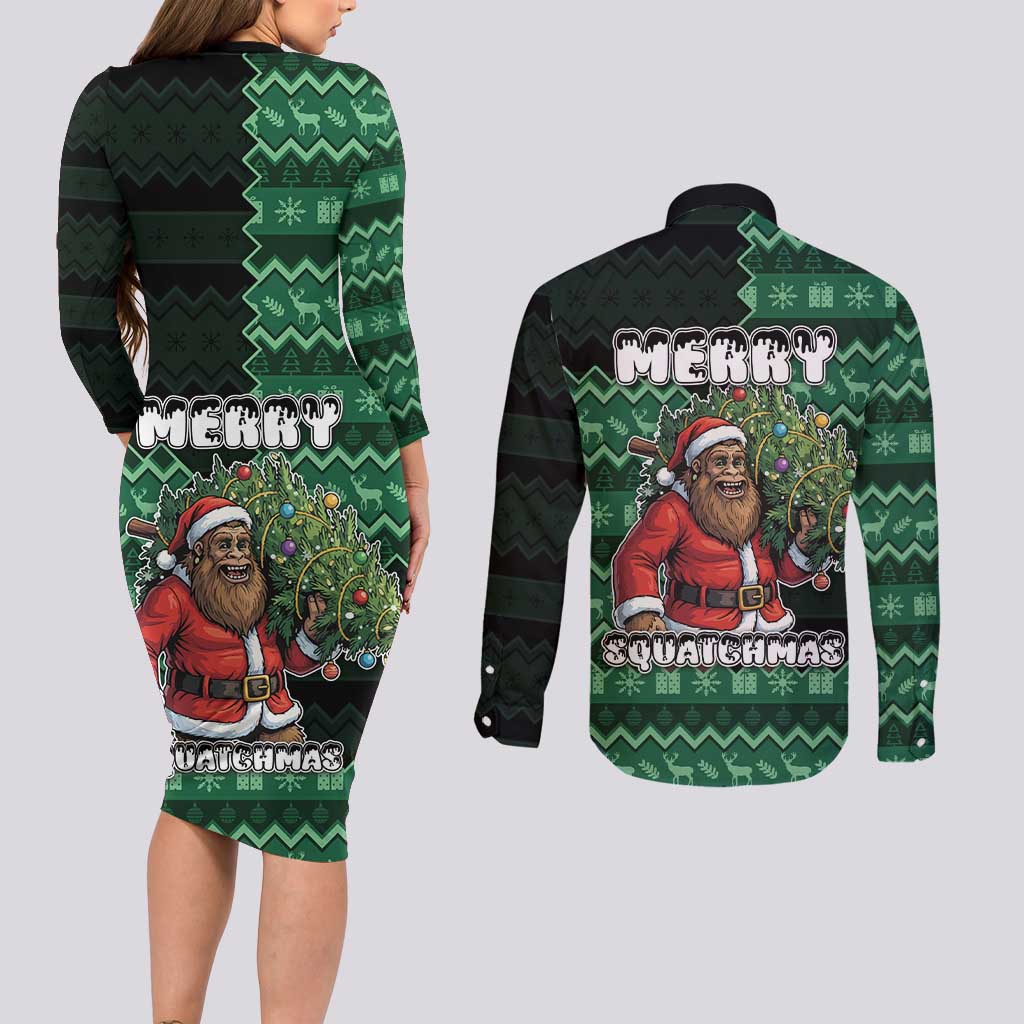 Bigfoot Christmas Couples Matching Long Sleeve Bodycon Dress and Long Sleeve Button Shirt Squatching Through The Snow - Wonder Print Shop