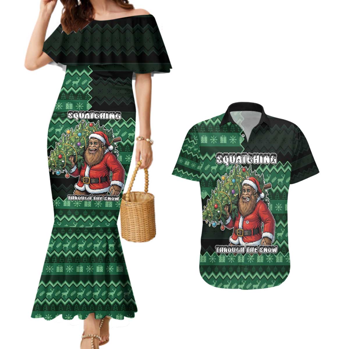 Bigfoot Christmas Couples Matching Mermaid Dress and Hawaiian Shirt Squatching Through The Snow - Wonder Print Shop
