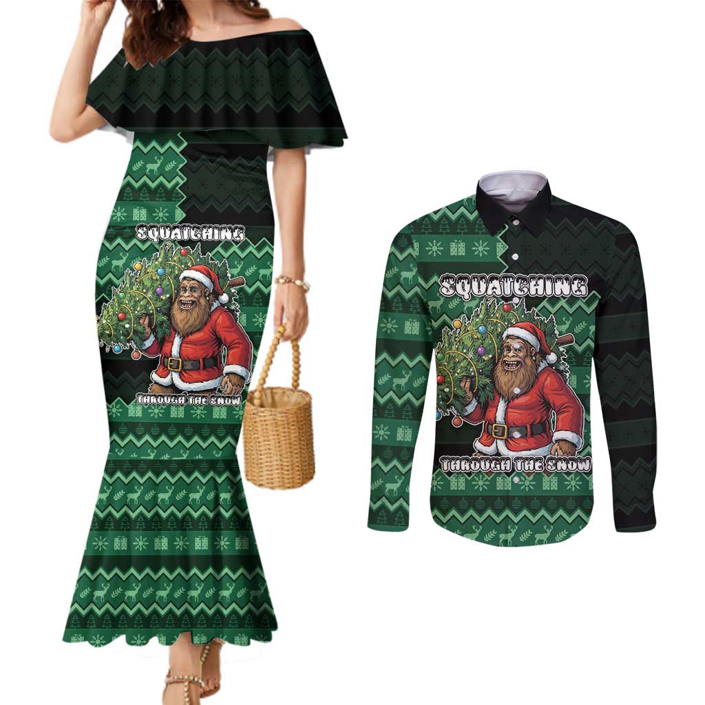 Bigfoot Christmas Couples Matching Mermaid Dress and Long Sleeve Button Shirt Squatching Through The Snow - Wonder Print Shop