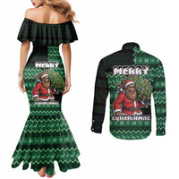 Bigfoot Christmas Couples Matching Mermaid Dress and Long Sleeve Button Shirt Squatching Through The Snow - Wonder Print Shop