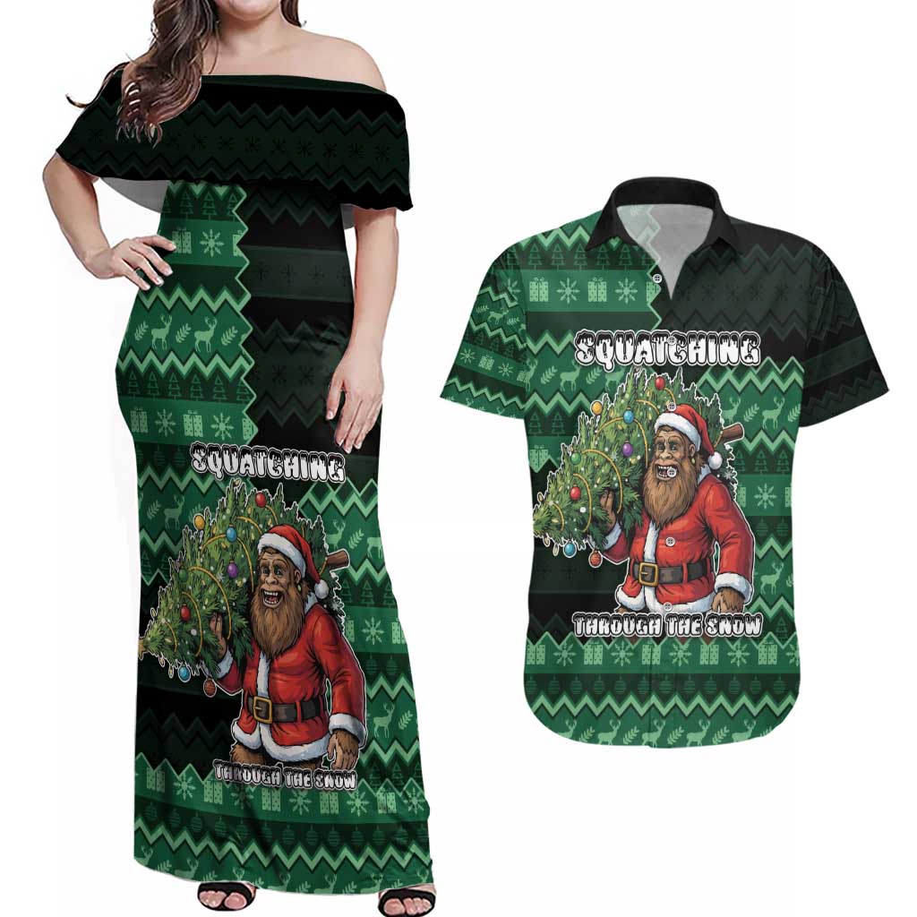 Bigfoot Christmas Couples Matching Off Shoulder Maxi Dress and Hawaiian Shirt Squatching Through The Snow - Wonder Print Shop