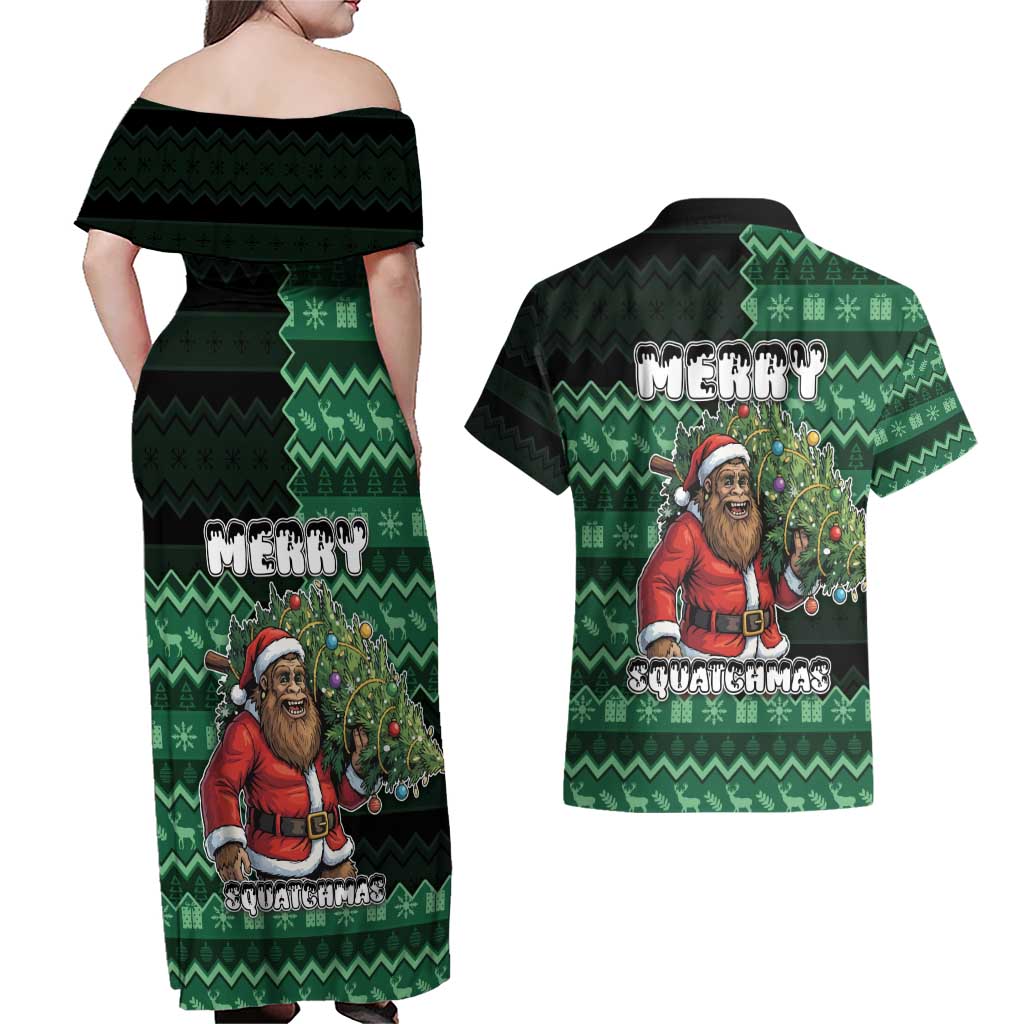 Bigfoot Christmas Couples Matching Off Shoulder Maxi Dress and Hawaiian Shirt Squatching Through The Snow - Wonder Print Shop
