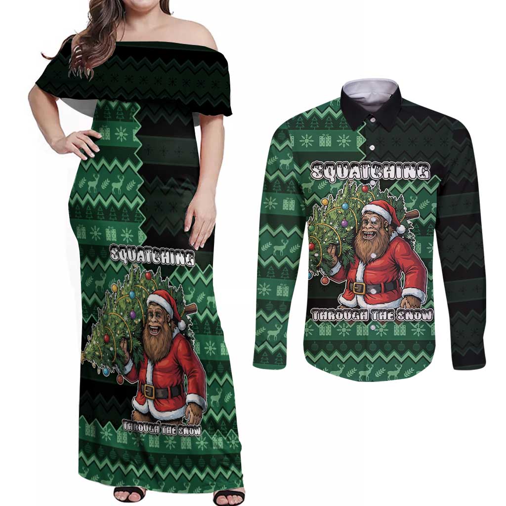 Bigfoot Christmas Couples Matching Off Shoulder Maxi Dress and Long Sleeve Button Shirt Squatching Through The Snow - Wonder Print Shop