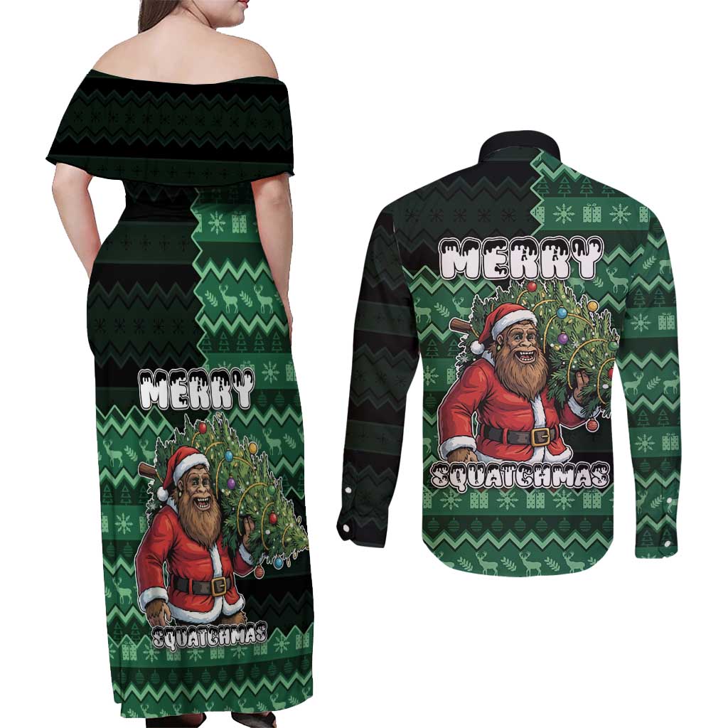 Bigfoot Christmas Couples Matching Off Shoulder Maxi Dress and Long Sleeve Button Shirt Squatching Through The Snow - Wonder Print Shop