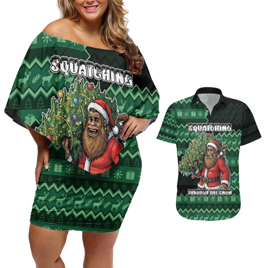 Bigfoot Christmas Couples Matching Off Shoulder Short Dress and Hawaiian Shirt Squatching Through The Snow - Wonder Print Shop