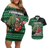 Bigfoot Christmas Couples Matching Off Shoulder Short Dress and Hawaiian Shirt Squatching Through The Snow - Wonder Print Shop