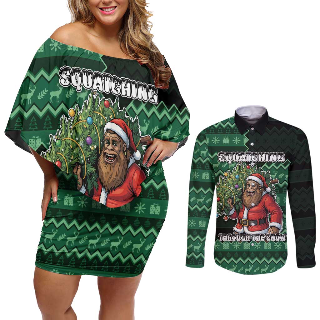 Bigfoot Christmas Couples Matching Off Shoulder Short Dress and Long Sleeve Button Shirt Squatching Through The Snow - Wonder Print Shop