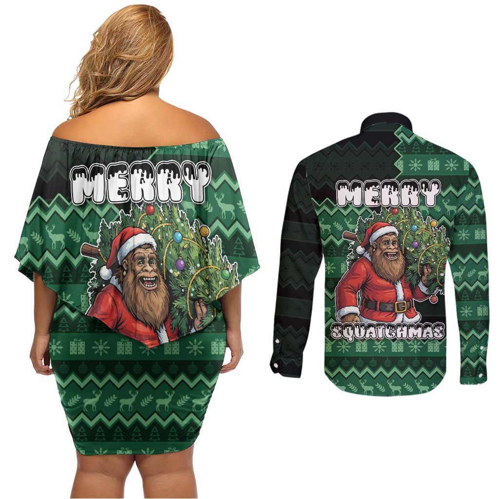 Bigfoot Christmas Couples Matching Off Shoulder Short Dress and Long Sleeve Button Shirt Squatching Through The Snow - Wonder Print Shop