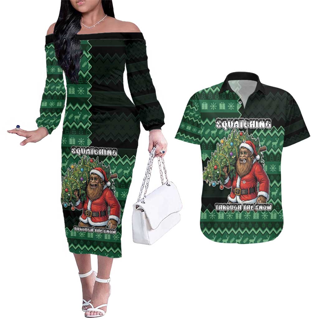 Bigfoot Christmas Couples Matching Off The Shoulder Long Sleeve Dress and Hawaiian Shirt Squatching Through The Snow - Wonder Print Shop