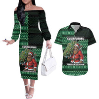 Bigfoot Christmas Couples Matching Off The Shoulder Long Sleeve Dress and Hawaiian Shirt Squatching Through The Snow - Wonder Print Shop