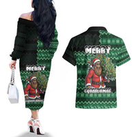 Bigfoot Christmas Couples Matching Off The Shoulder Long Sleeve Dress and Hawaiian Shirt Squatching Through The Snow - Wonder Print Shop