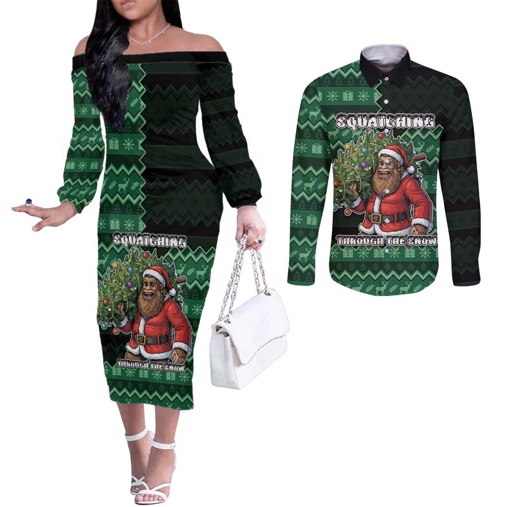 Bigfoot Christmas Couples Matching Off The Shoulder Long Sleeve Dress and Long Sleeve Button Shirt Squatching Through The Snow - Wonder Print Shop