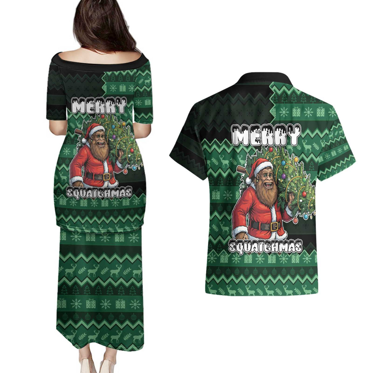 Bigfoot Christmas Couples Matching Puletasi and Hawaiian Shirt Squatching Through The Snow - Wonder Print Shop