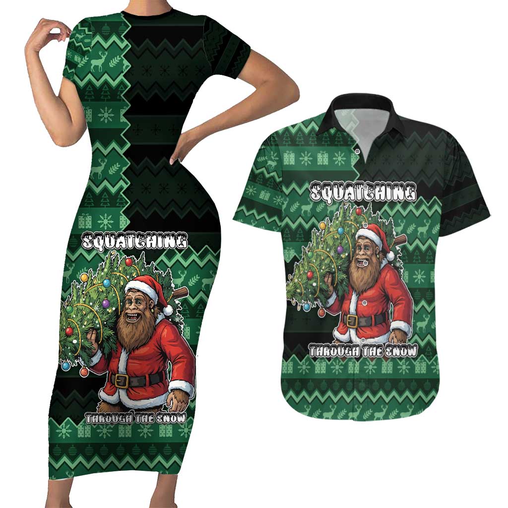 Bigfoot Christmas Couples Matching Short Sleeve Bodycon Dress and Hawaiian Shirt Squatching Through The Snow - Wonder Print Shop