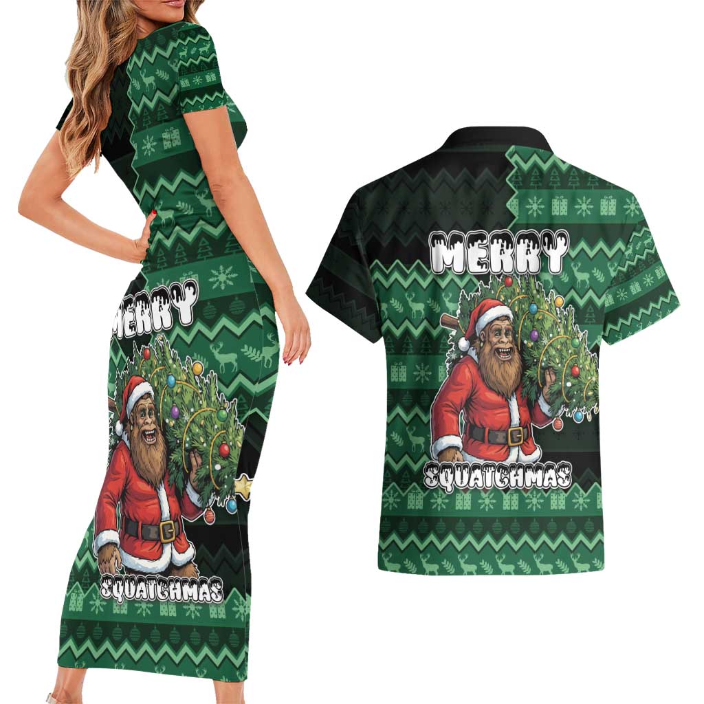 Bigfoot Christmas Couples Matching Short Sleeve Bodycon Dress and Hawaiian Shirt Squatching Through The Snow - Wonder Print Shop
