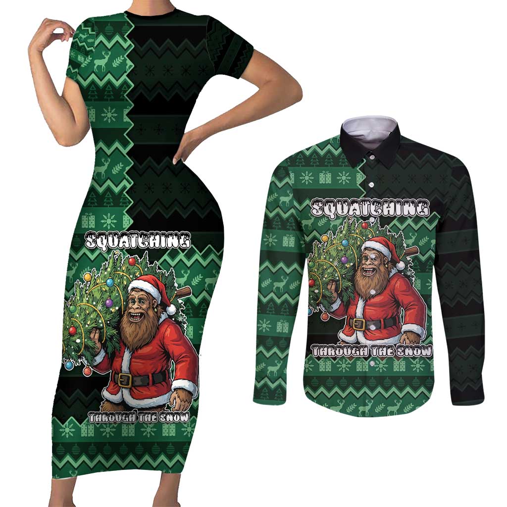 Bigfoot Christmas Couples Matching Short Sleeve Bodycon Dress and Long Sleeve Button Shirt Squatching Through The Snow - Wonder Print Shop