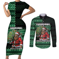 Bigfoot Christmas Couples Matching Short Sleeve Bodycon Dress and Long Sleeve Button Shirt Squatching Through The Snow - Wonder Print Shop