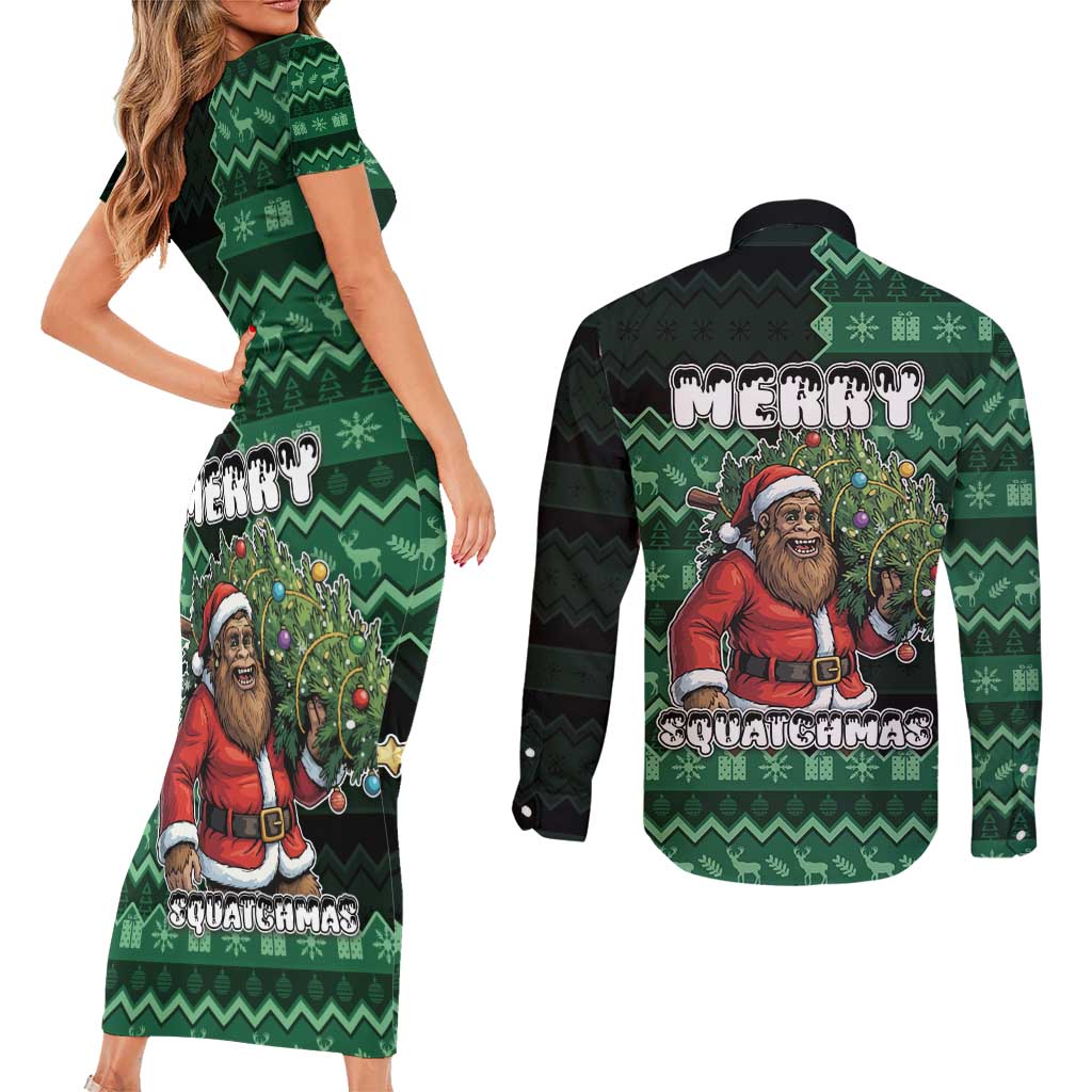 Bigfoot Christmas Couples Matching Short Sleeve Bodycon Dress and Long Sleeve Button Shirt Squatching Through The Snow - Wonder Print Shop