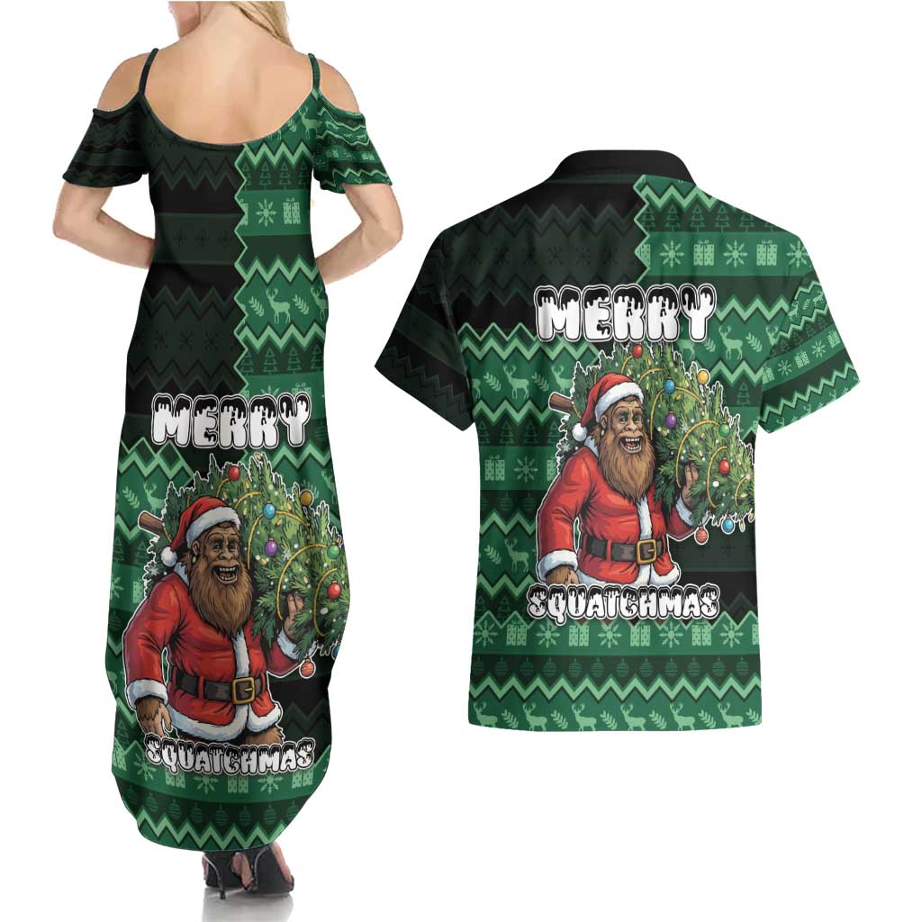 Bigfoot Christmas Couples Matching Summer Maxi Dress and Hawaiian Shirt Squatching Through The Snow - Wonder Print Shop