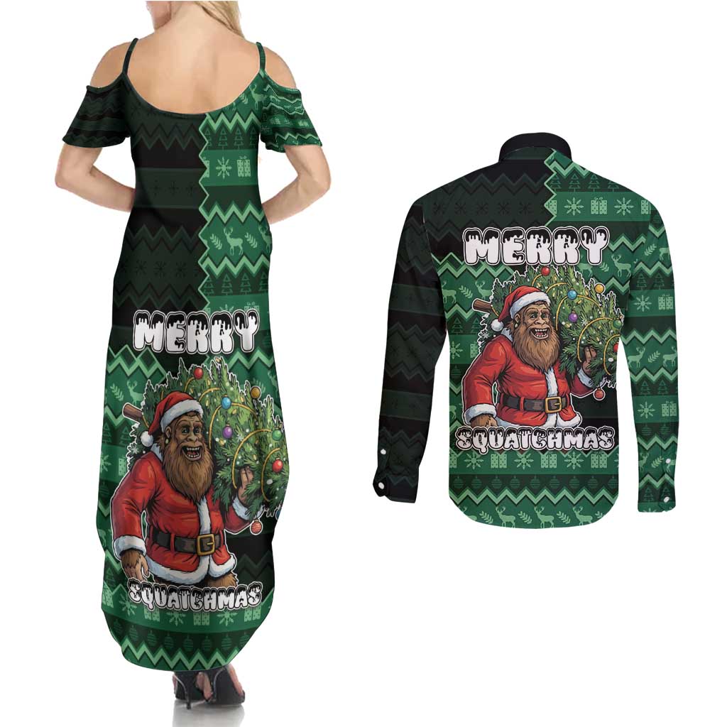 Bigfoot Christmas Couples Matching Summer Maxi Dress and Long Sleeve Button Shirt Squatching Through The Snow - Wonder Print Shop