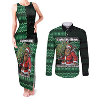 Bigfoot Christmas Couples Matching Tank Maxi Dress and Long Sleeve Button Shirt Squatching Through The Snow - Wonder Print Shop