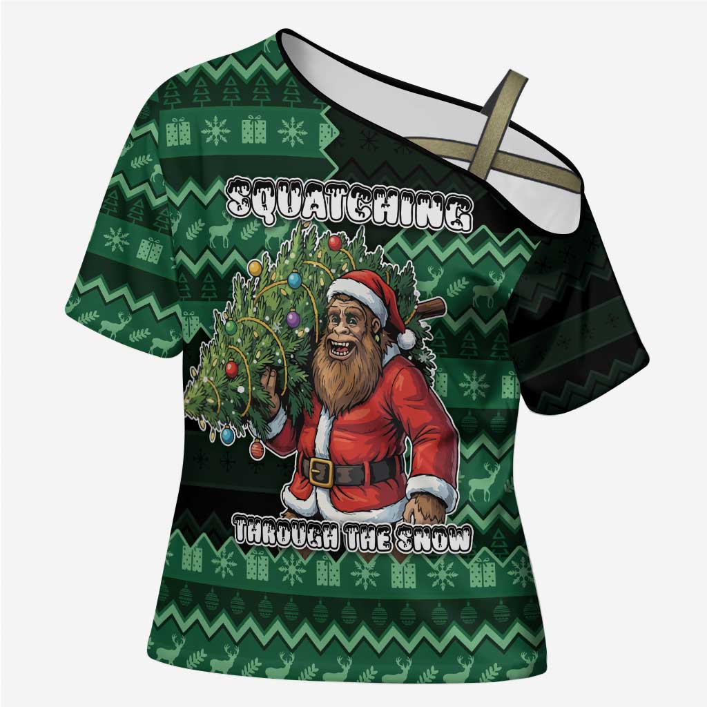 Bigfoot Christmas Cross Shoulder Shirt Squatching Through The Snow - Wonder Print Shop