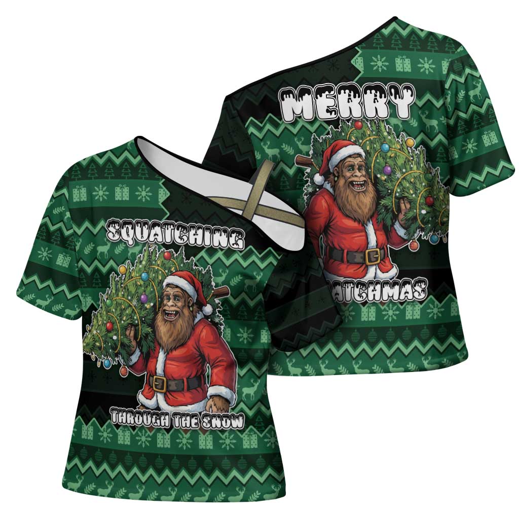 Bigfoot Christmas Cross Shoulder Shirt Squatching Through The Snow - Wonder Print Shop