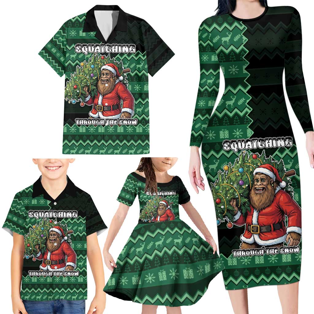 Bigfoot Christmas Family Matching Long Sleeve Bodycon Dress and Hawaiian Shirt Squatching Through The Snow - Wonder Print Shop