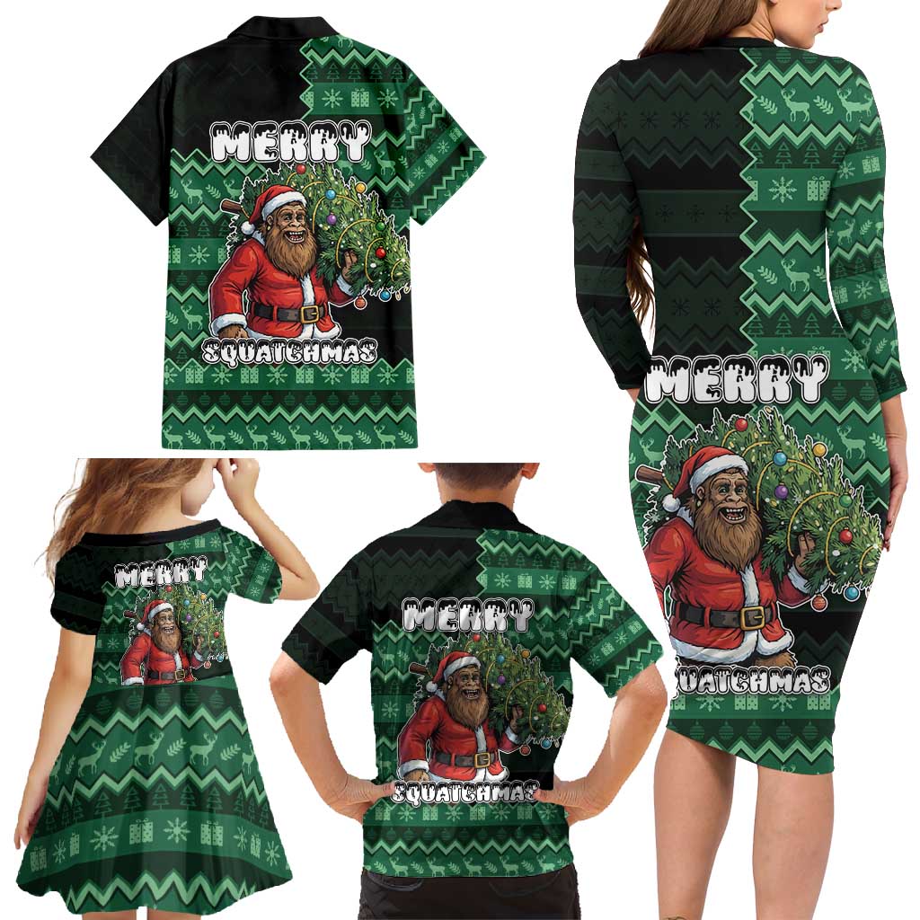 Bigfoot Christmas Family Matching Long Sleeve Bodycon Dress and Hawaiian Shirt Squatching Through The Snow - Wonder Print Shop
