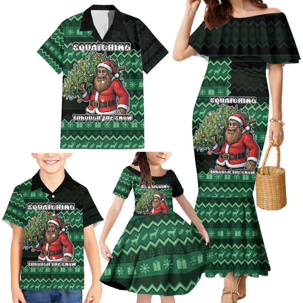 Bigfoot Christmas Family Matching Mermaid Dress and Hawaiian Shirt Squatching Through The Snow - Wonder Print Shop