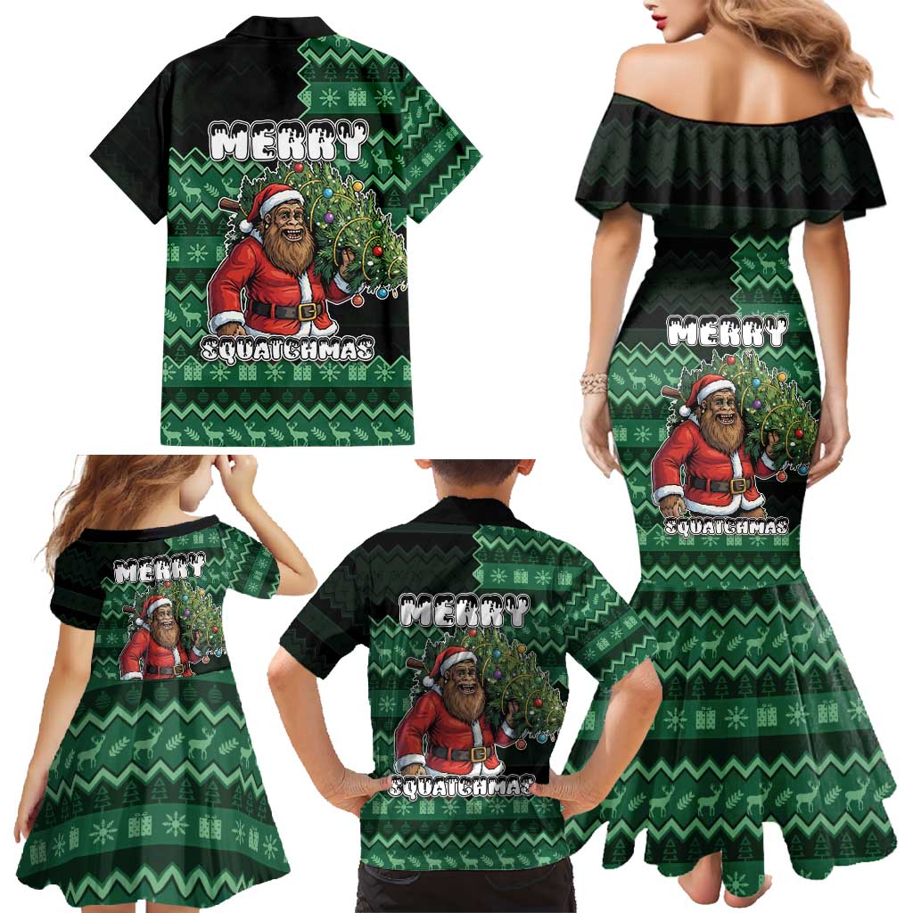 Bigfoot Christmas Family Matching Mermaid Dress and Hawaiian Shirt Squatching Through The Snow - Wonder Print Shop