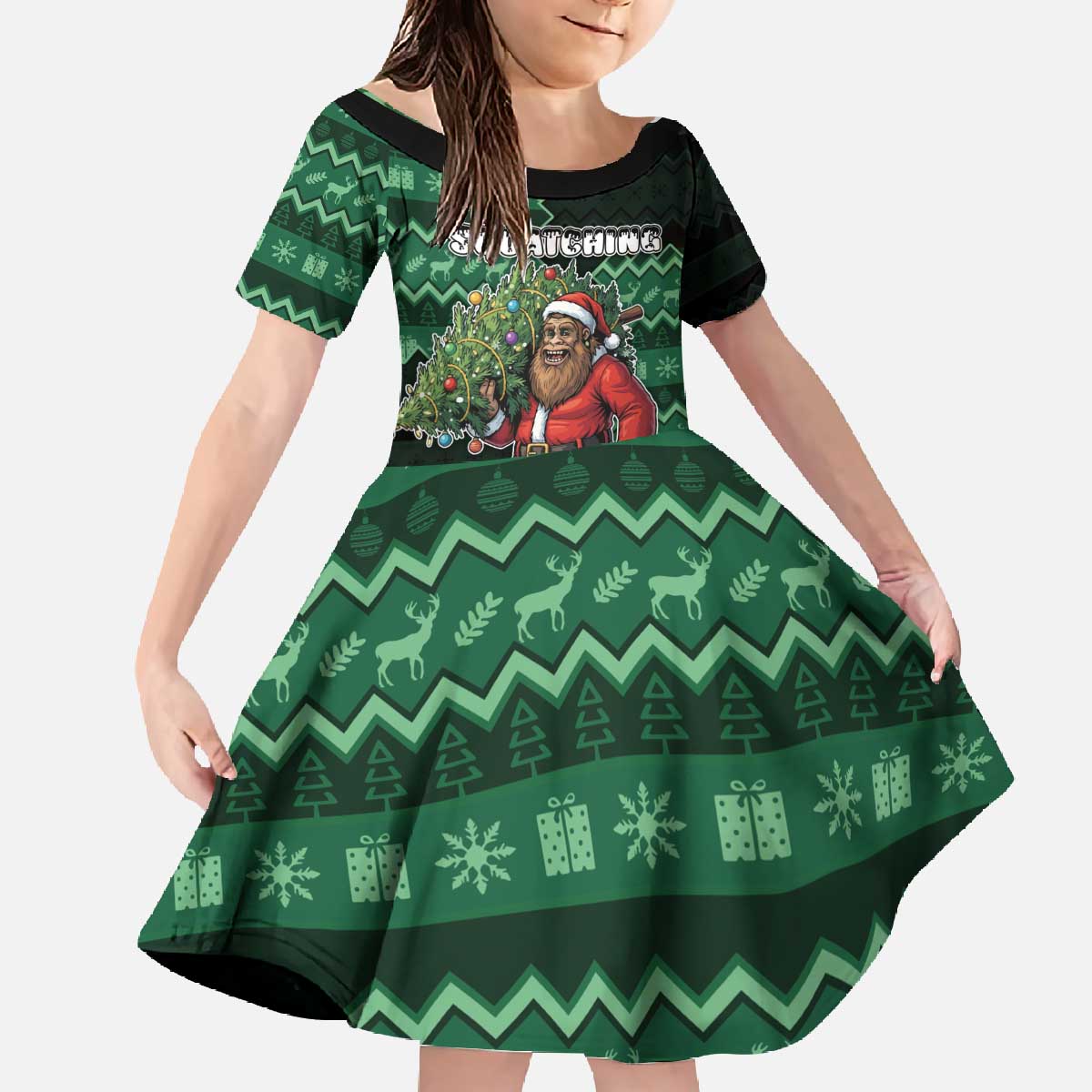 Bigfoot Christmas Family Matching Off The Shoulder Long Sleeve Dress and Hawaiian Shirt Squatching Through The Snow - Wonder Print Shop