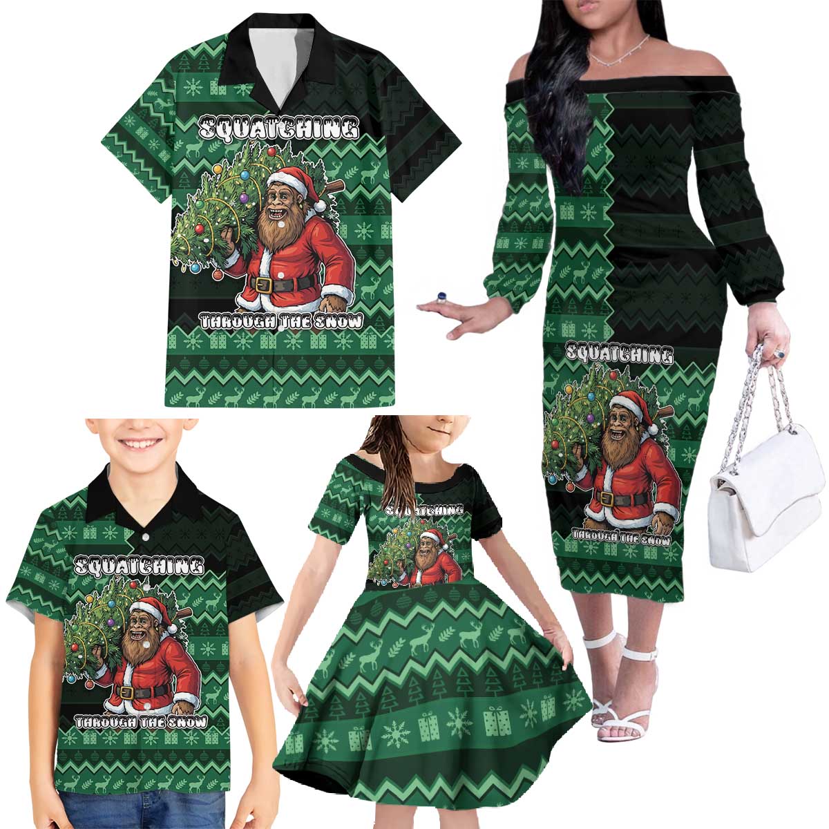 Bigfoot Christmas Family Matching Off The Shoulder Long Sleeve Dress and Hawaiian Shirt Squatching Through The Snow - Wonder Print Shop