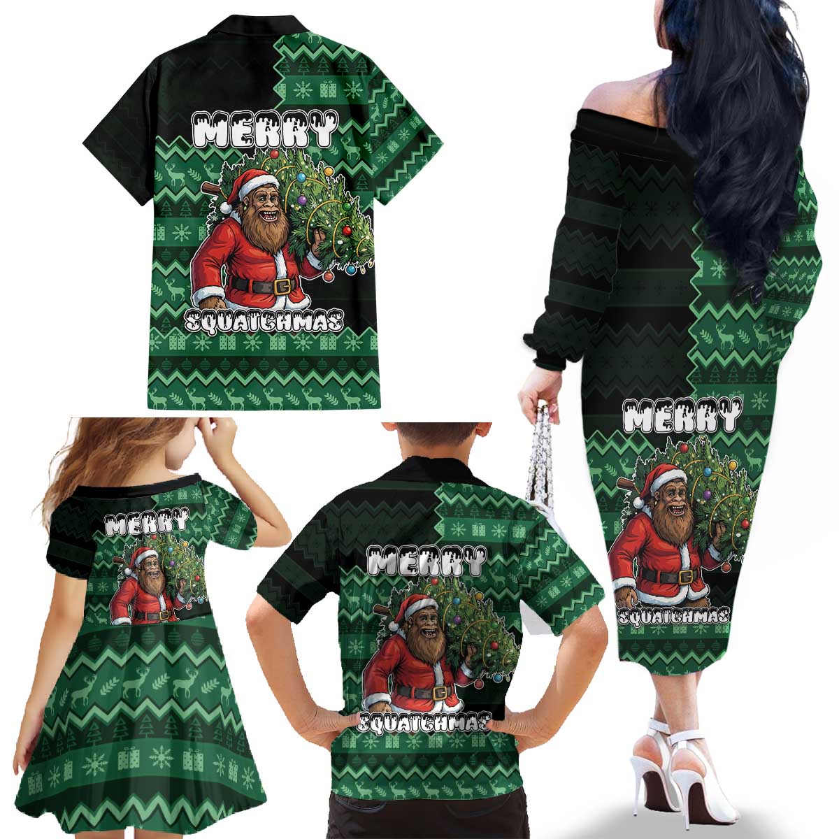 Bigfoot Christmas Family Matching Off The Shoulder Long Sleeve Dress and Hawaiian Shirt Squatching Through The Snow - Wonder Print Shop