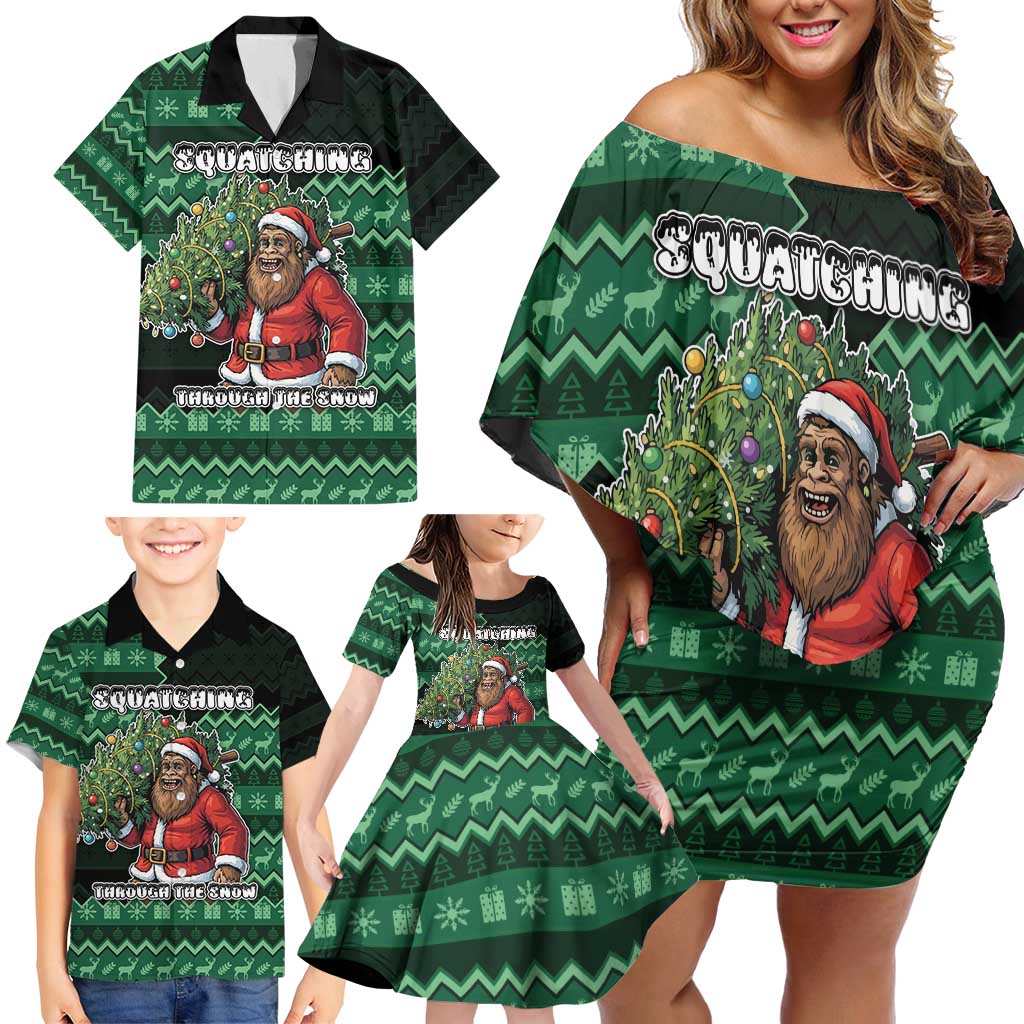 Bigfoot Christmas Family Matching Off Shoulder Short Dress and Hawaiian Shirt Squatching Through The Snow - Wonder Print Shop