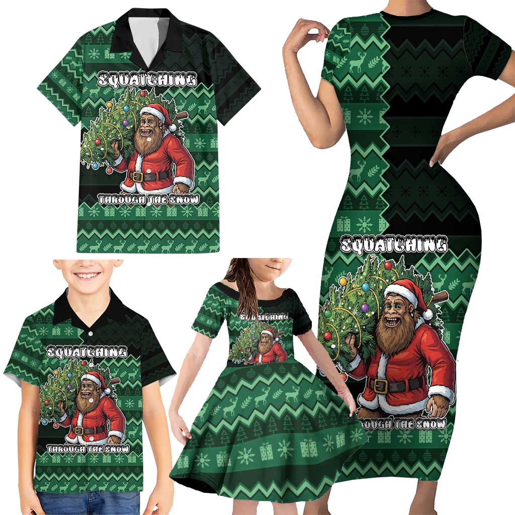 Bigfoot Christmas Family Matching Short Sleeve Bodycon Dress and Hawaiian Shirt Squatching Through The Snow - Wonder Print Shop