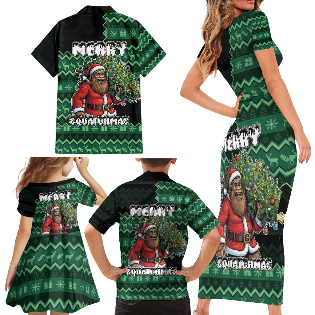 Bigfoot Christmas Family Matching Short Sleeve Bodycon Dress and Hawaiian Shirt Squatching Through The Snow - Wonder Print Shop