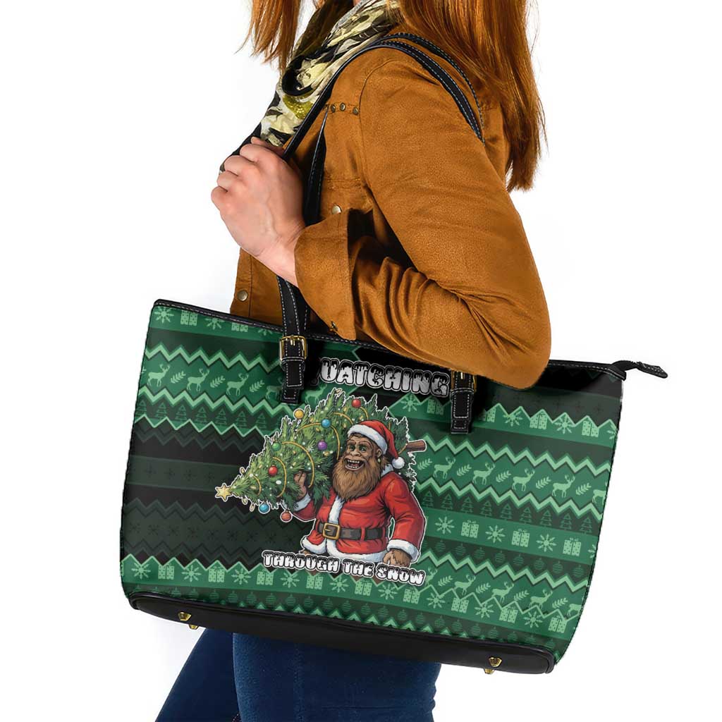 Bigfoot Christmas Leather Tote Bag Squatching Through The Snow - Wonder Print Shop