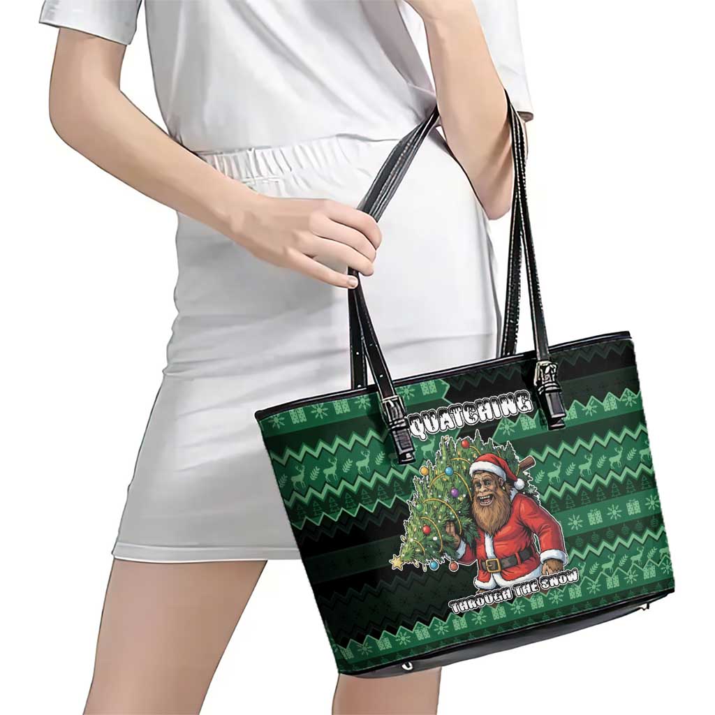 Bigfoot Christmas Leather Tote Bag Squatching Through The Snow - Wonder Print Shop