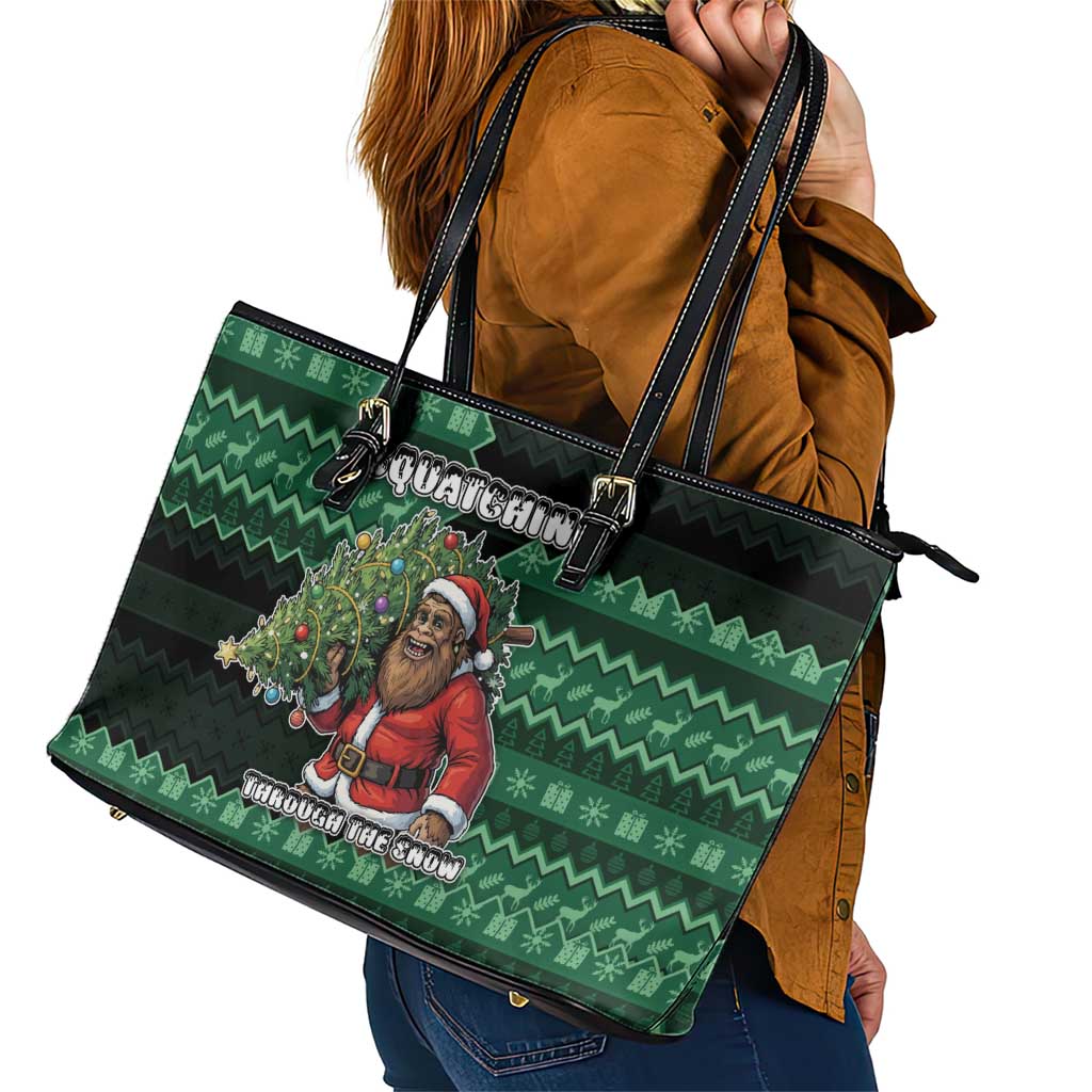 Bigfoot Christmas Leather Tote Bag Squatching Through The Snow - Wonder Print Shop