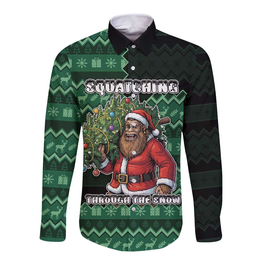 Bigfoot Christmas Long Sleeve Button Shirt Squatching Through The Snow - Wonder Print Shop