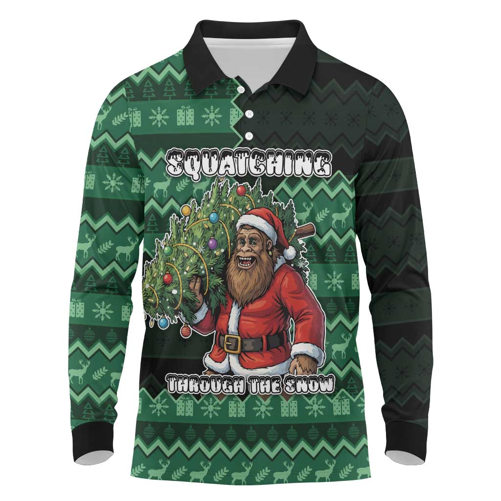 Bigfoot Christmas Long Sleeve Polo Shirt Squatching Through The Snow - Wonder Print Shop