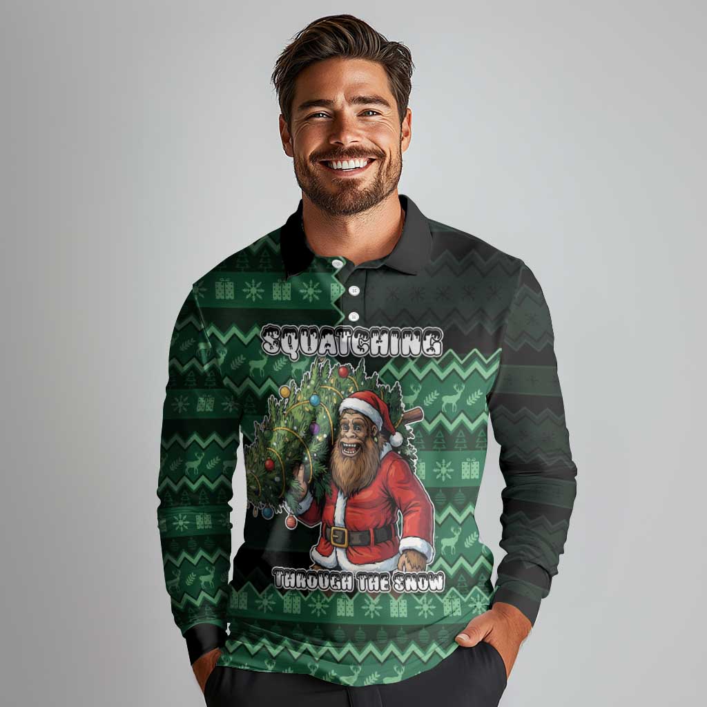Bigfoot Christmas Long Sleeve Polo Shirt Squatching Through The Snow - Wonder Print Shop