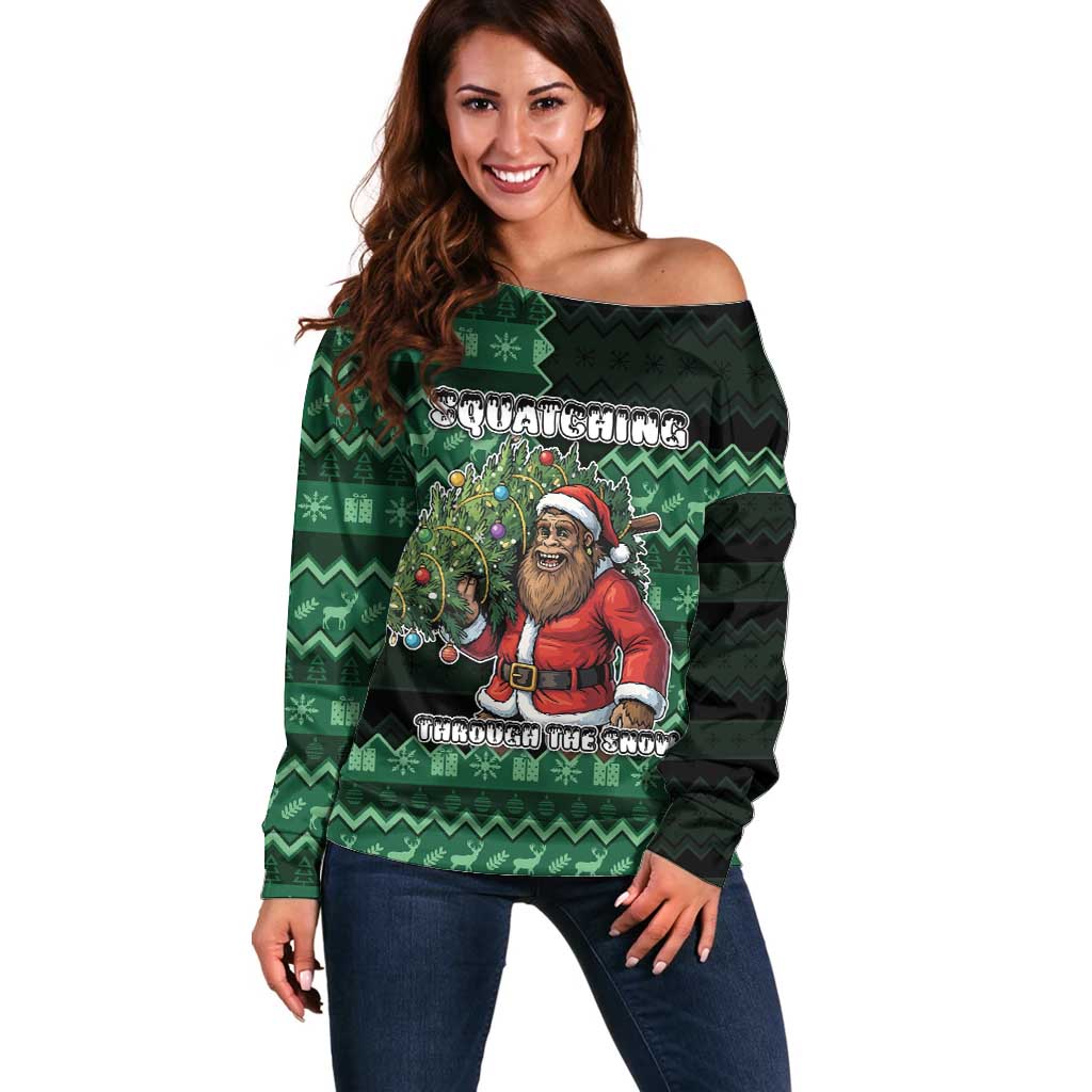 Bigfoot Christmas Off Shoulder Sweater Squatching Through The Snow - Wonder Print Shop