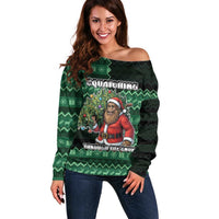 Bigfoot Christmas Off Shoulder Sweater Squatching Through The Snow - Wonder Print Shop