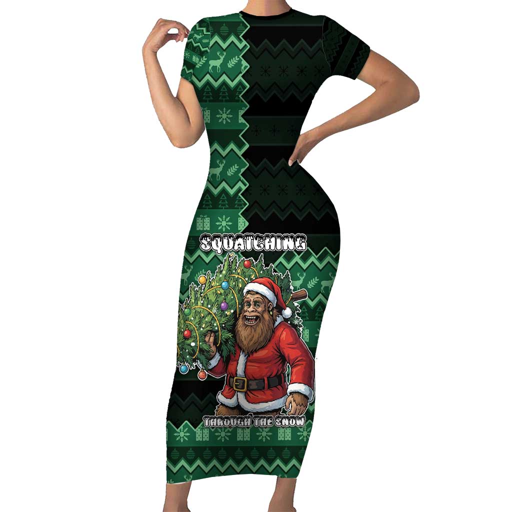Bigfoot Christmas Short Sleeve Bodycon Dress Squatching Through The Snow - Wonder Print Shop