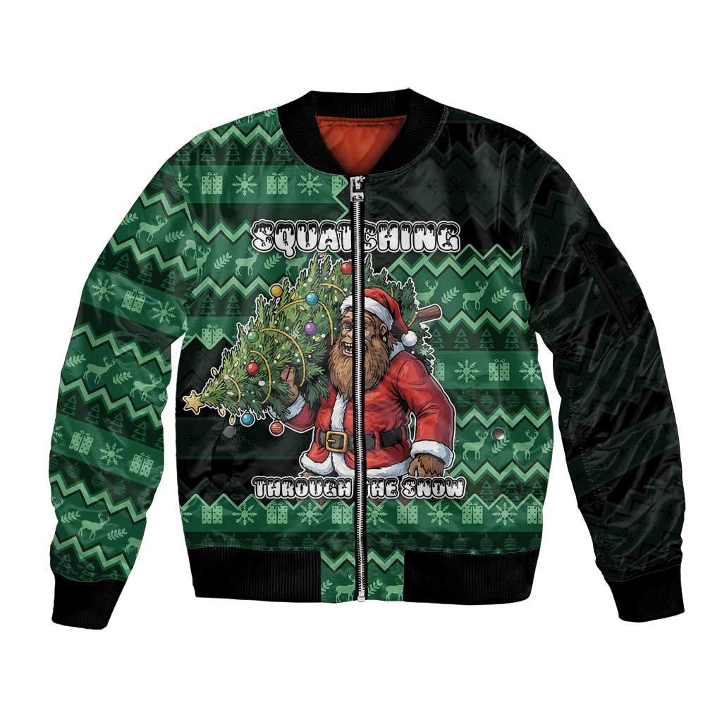Bigfoot Christmas Sleeve Zip Bomber Jacket Squatching Through The Snow - Wonder Print Shop