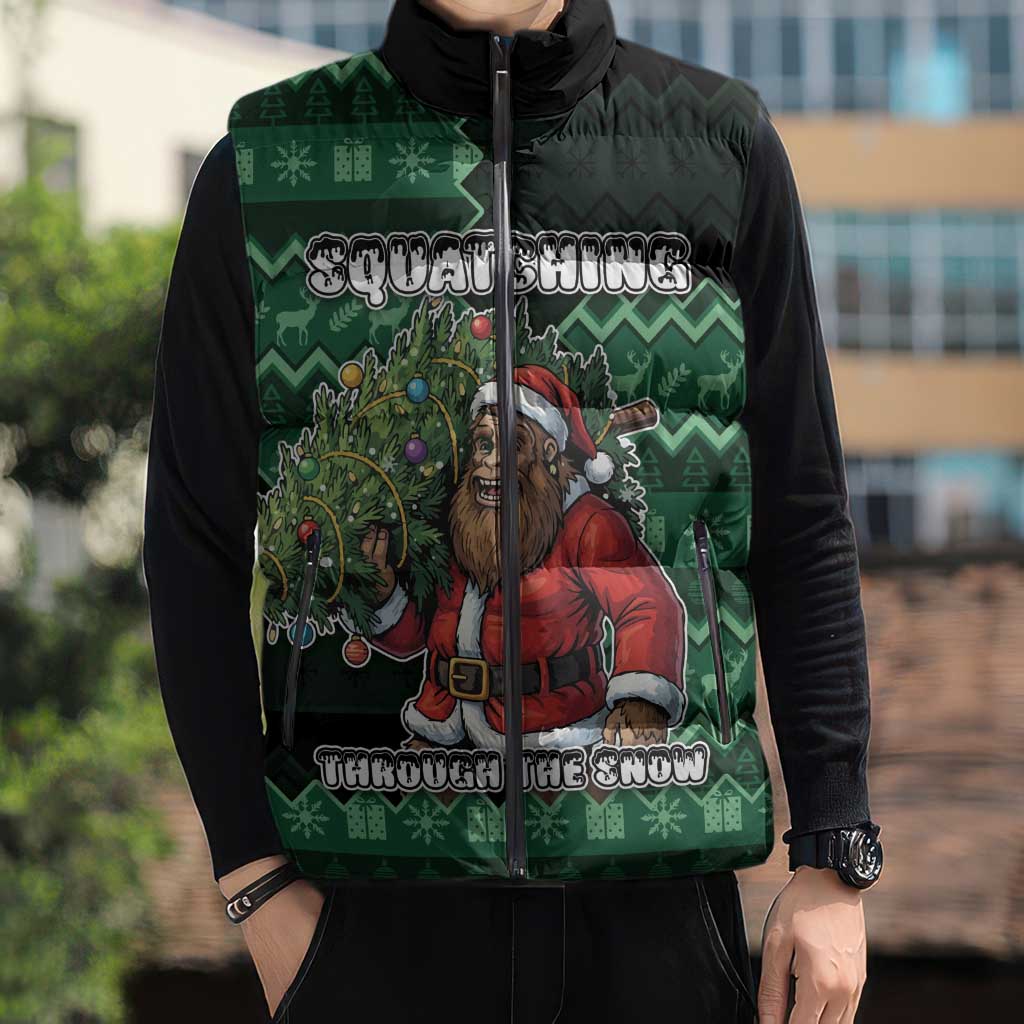 Bigfoot Christmas Sleeveless Puffer Jacket Squatching Through The Snow - Wonder Print Shop