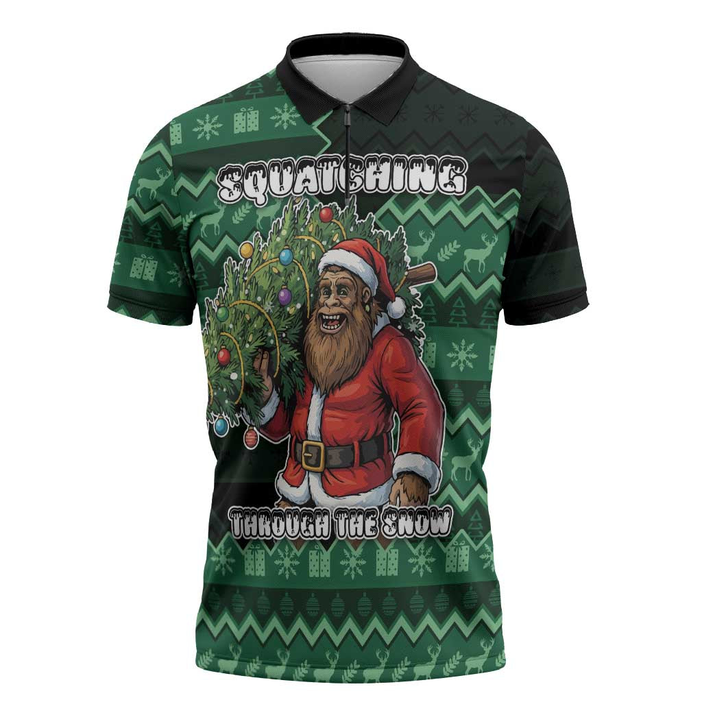 Bigfoot Christmas Zipper Polo Shirt Squatching Through The Snow - Wonder Print Shop