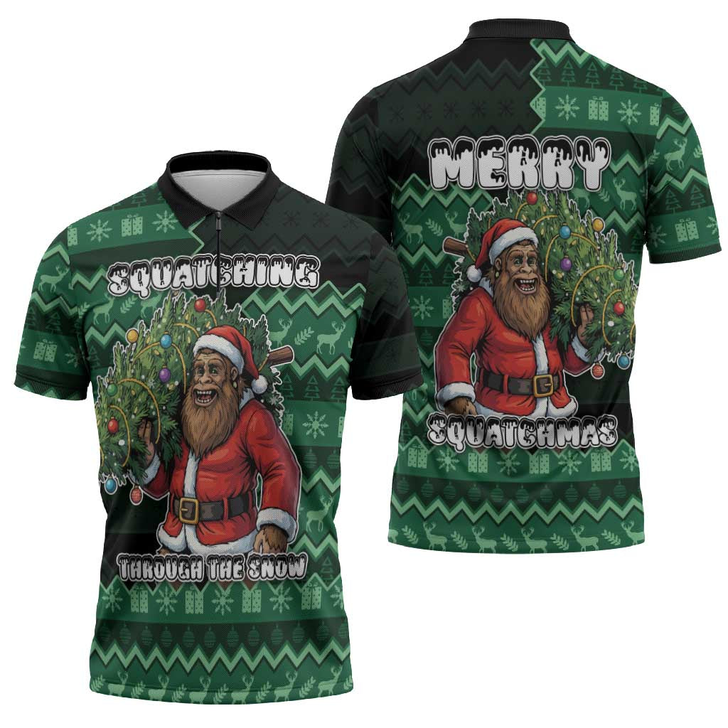 Bigfoot Christmas Zipper Polo Shirt Squatching Through The Snow - Wonder Print Shop